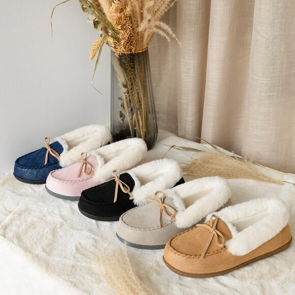 Women's Glittered Moccasin Faux Fur Lining Wrap Rubber Sole Pink Slipper Bootie - Picture 6 of 6